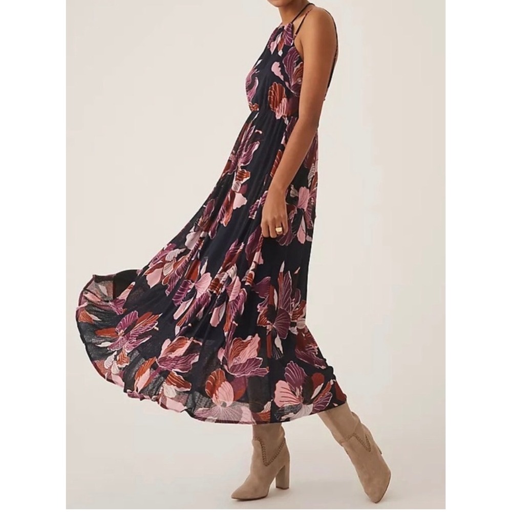 anthropologie Navy Dark Floral Tiered Strappy Boho Halter Maxi Sun Dress S